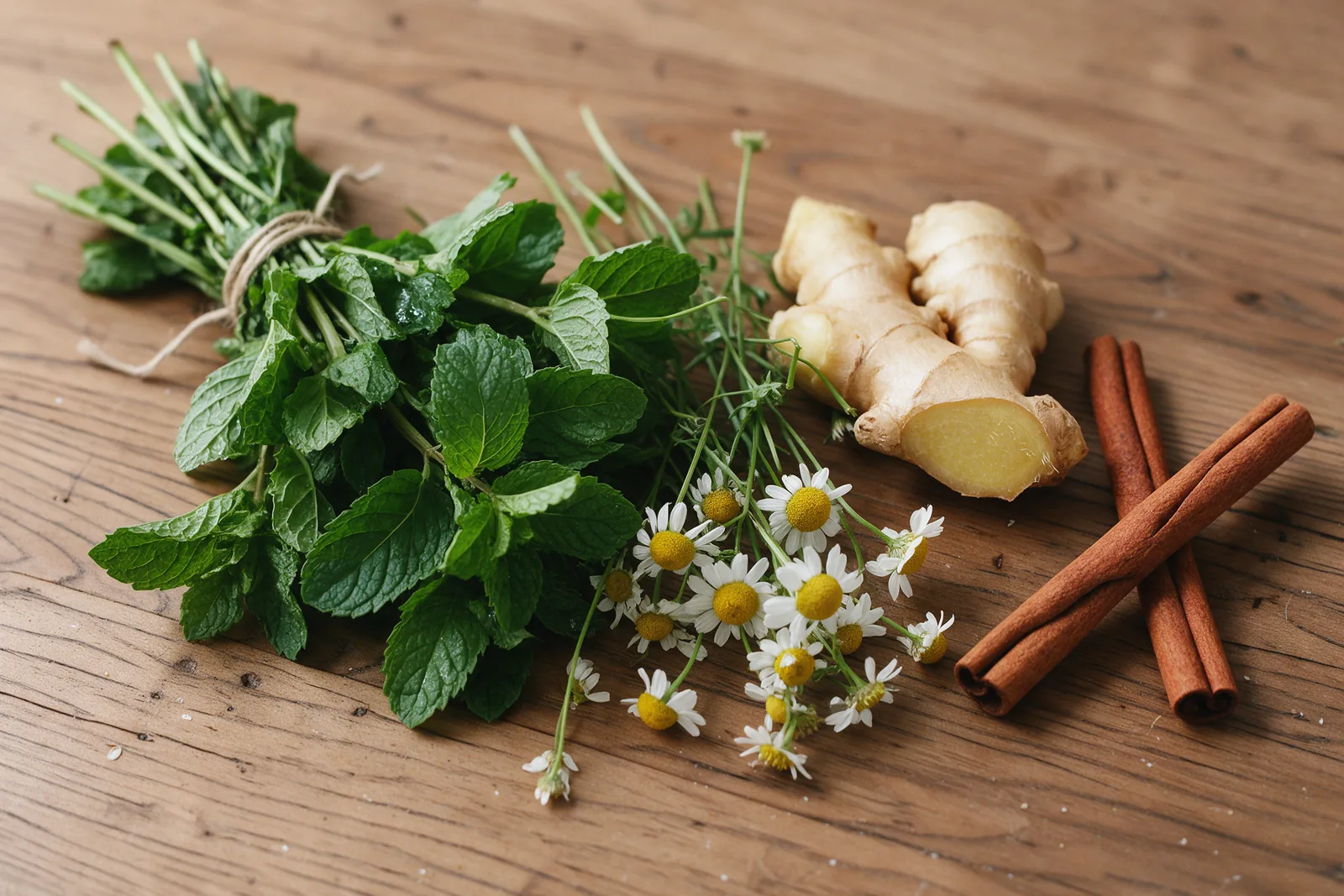 Hierbabuena fresca, manzanilla, jengibre y canela sobre la mesa de madera