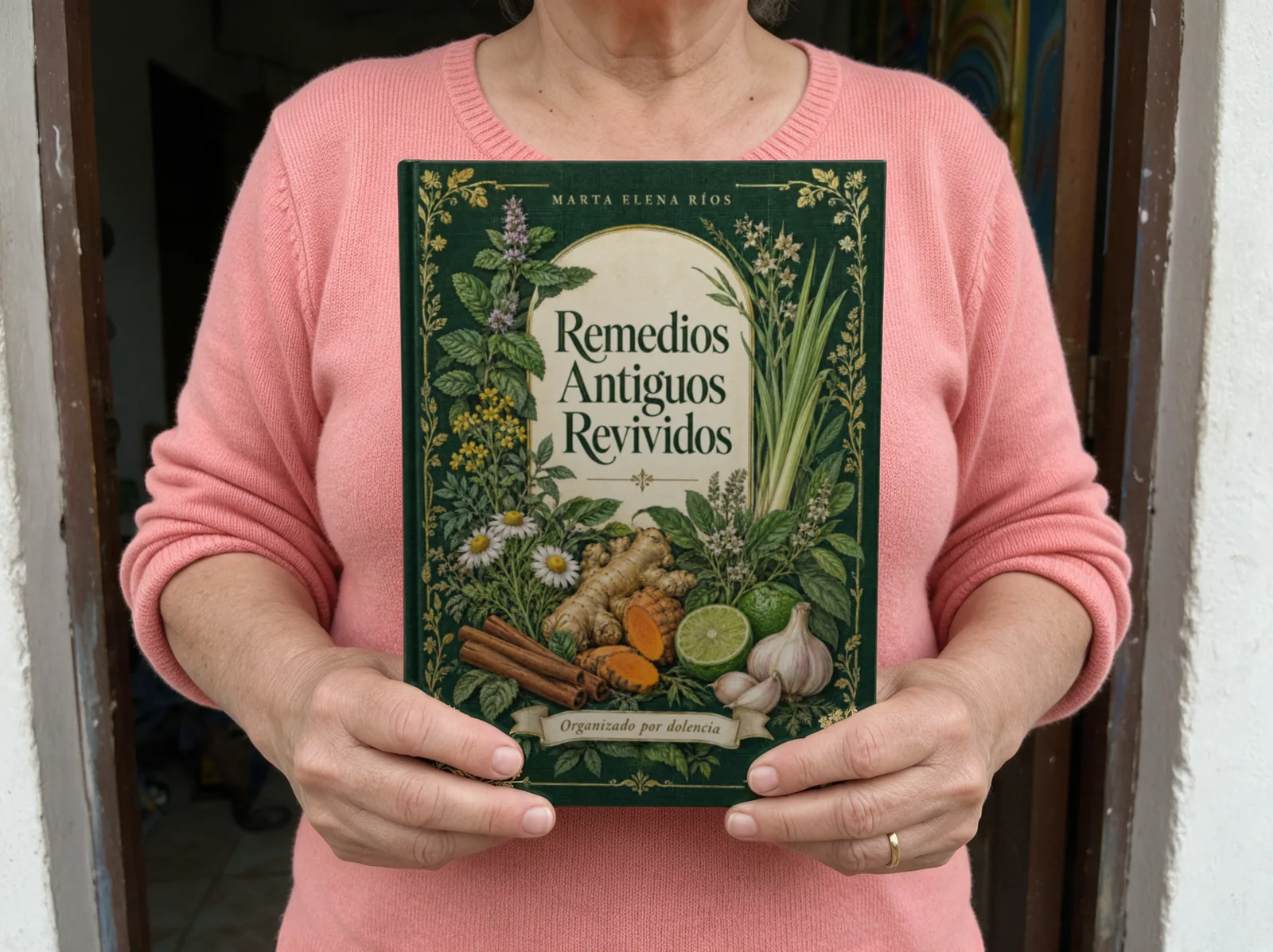 Unas manos reciben el libro en la puerta de la casa