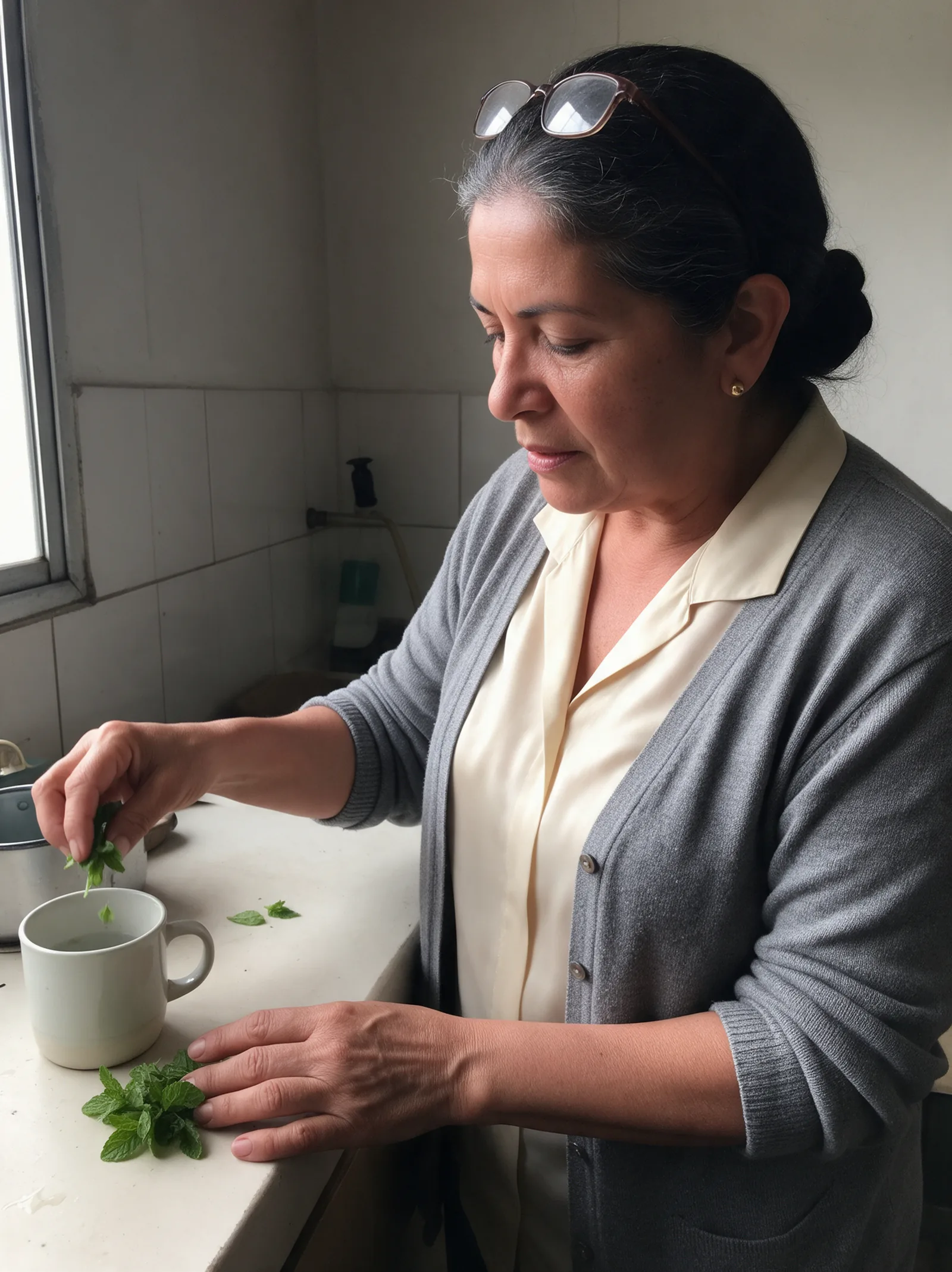 Marta prepara una infusión en su cocina