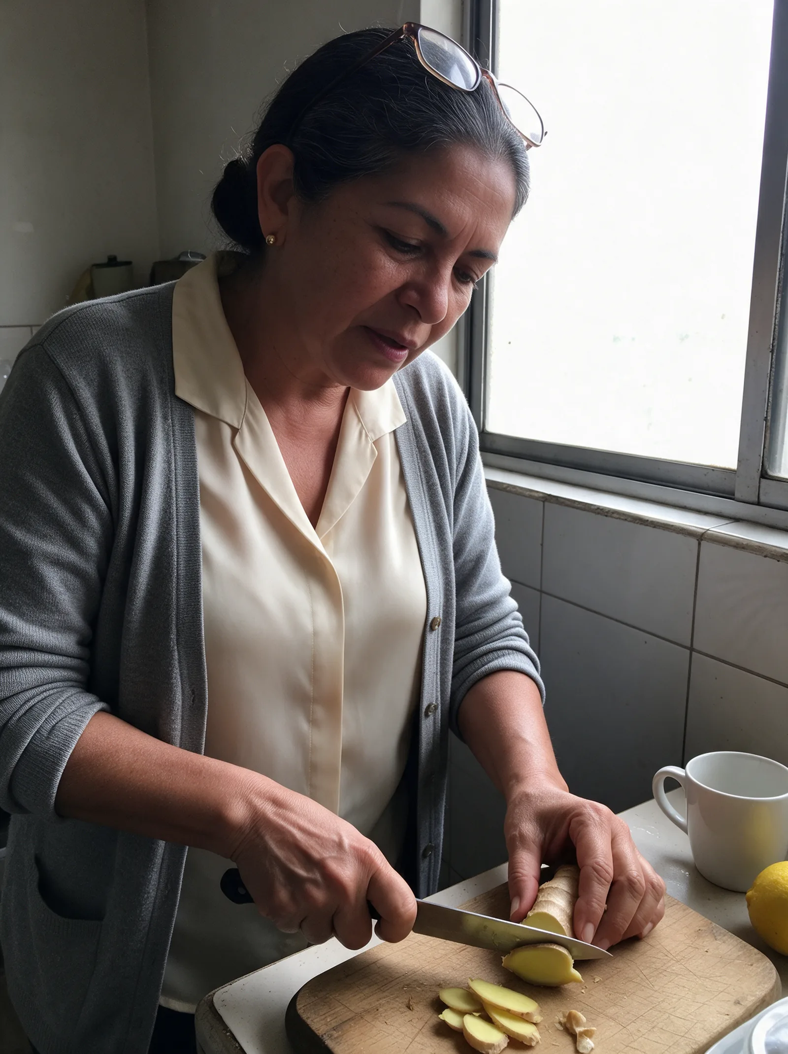 Marta corta jengibre en rodajas sobre una tabla