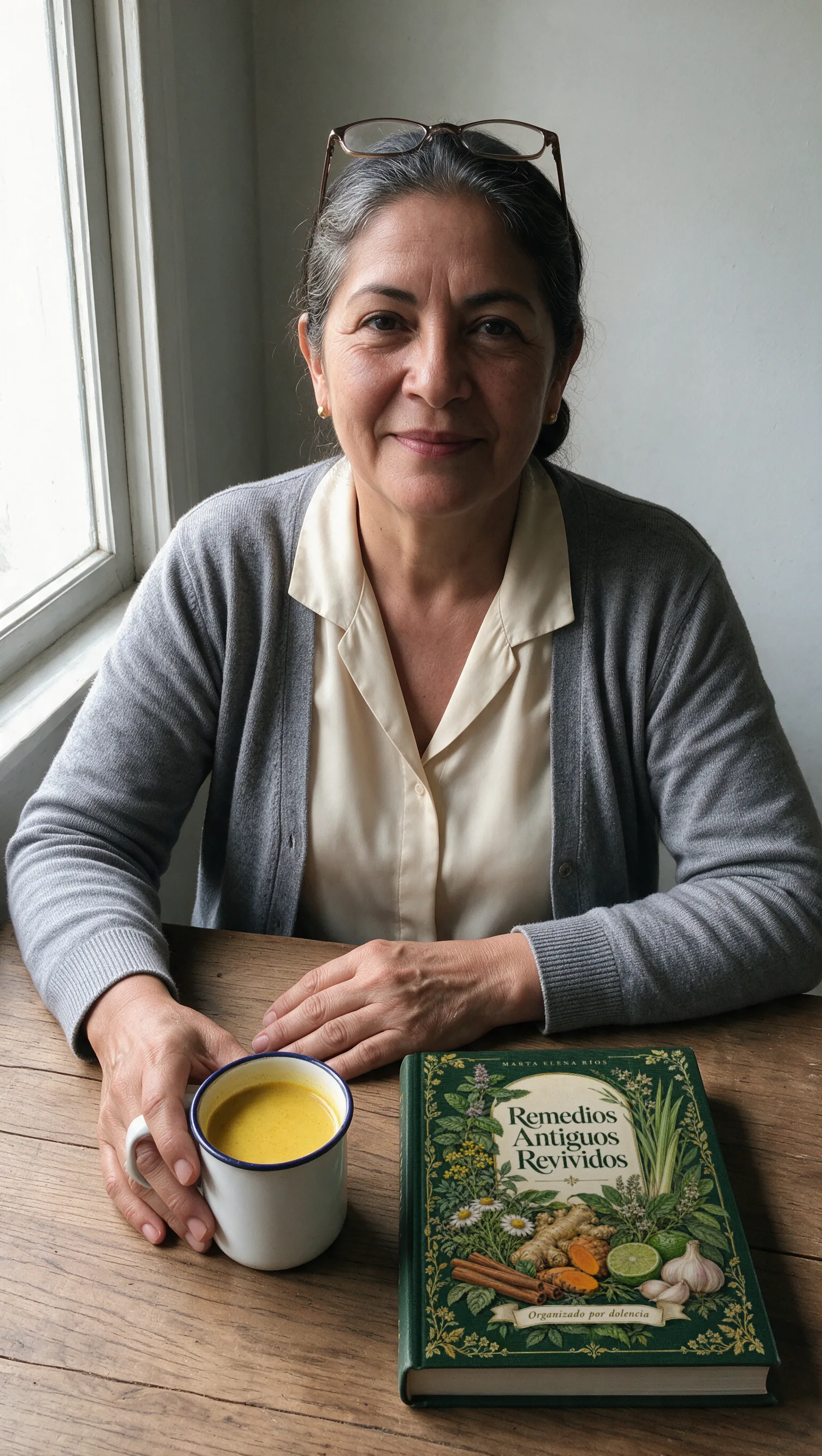 Marta Elena Ríos sentada a su mesa, con el pocillo de cúrcuma de la noche y su libro, mirando a la cámara