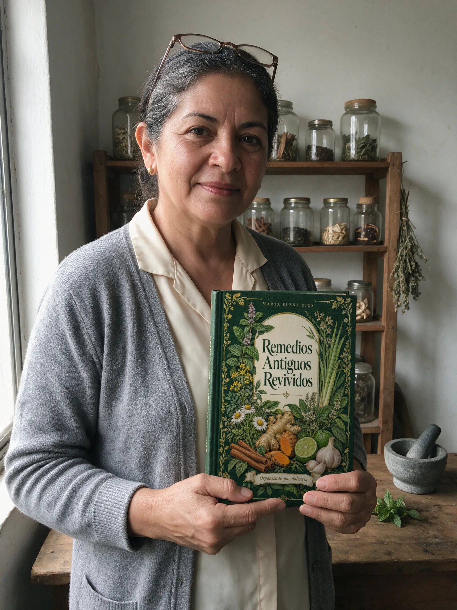 Marta con su libro en las manos, delante de su repisa de frascos