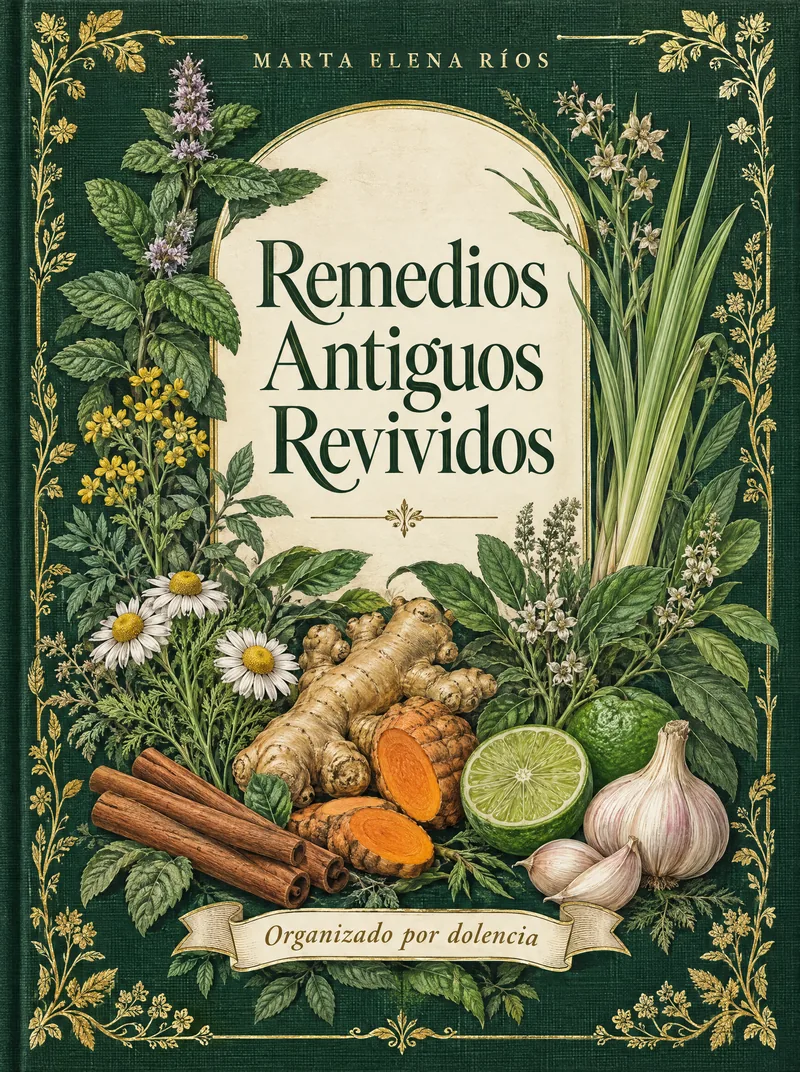 La tapa del libro Remedios Antiguos Revividos: tela verde con plantas y letras doradas