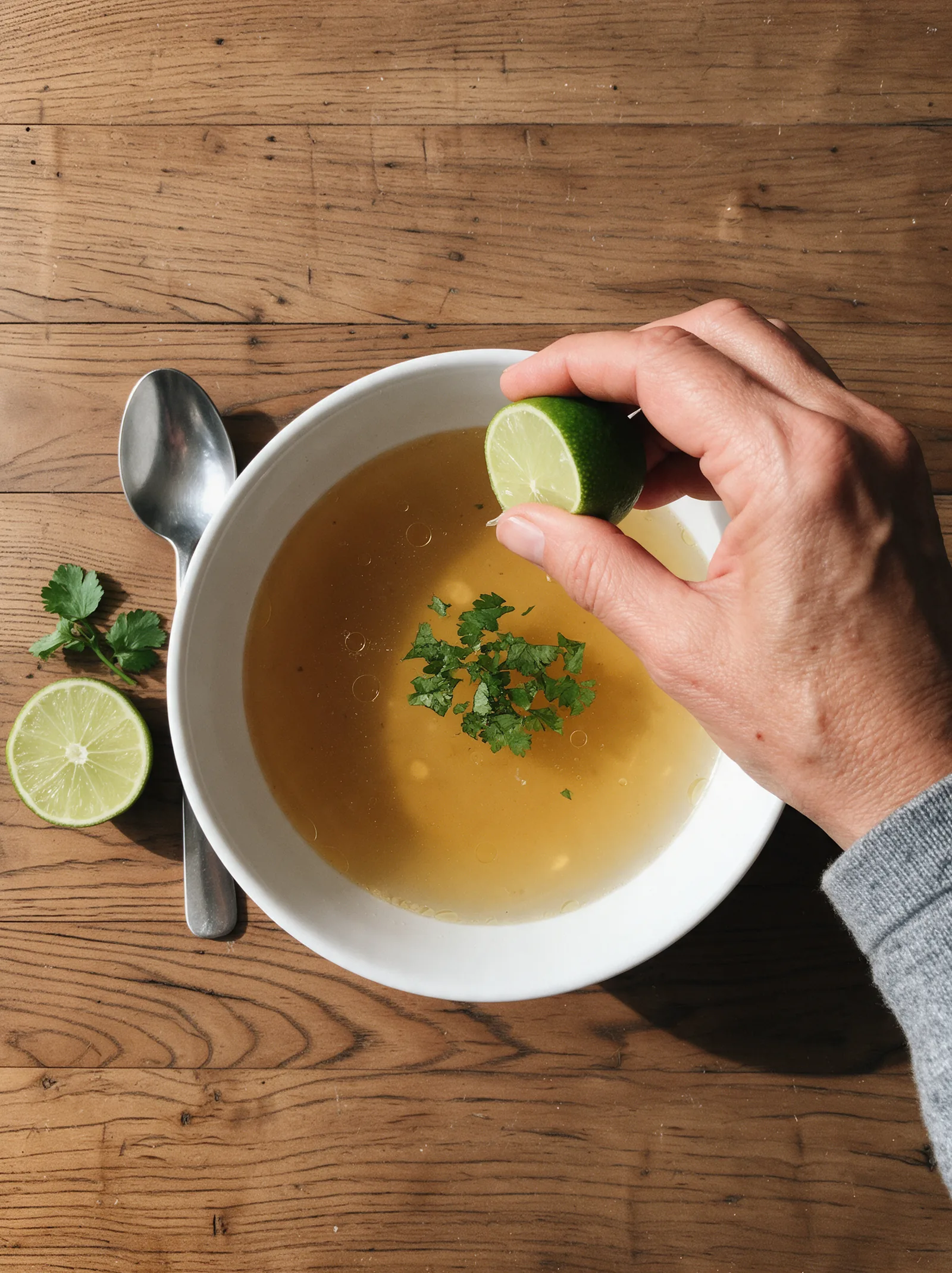 Un tazón de caldo con cilantro y una mano que exprime media lima encima