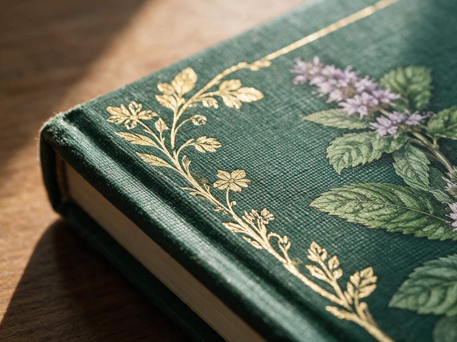 La esquina de la tapa del libro, de cerca: la tela verde y el estampado dorado