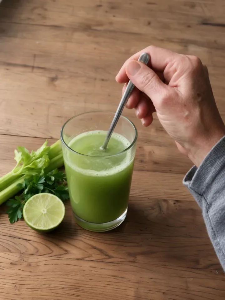 La cuchara revuelve el agua de apio y perejil