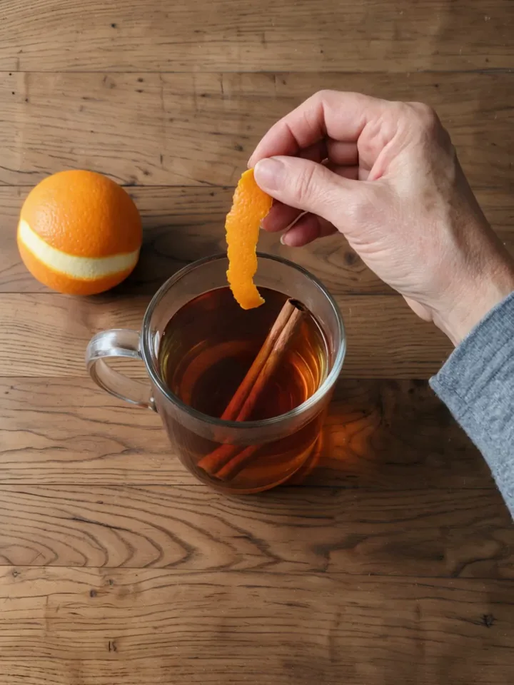 La cáscara de naranja entra en la taza